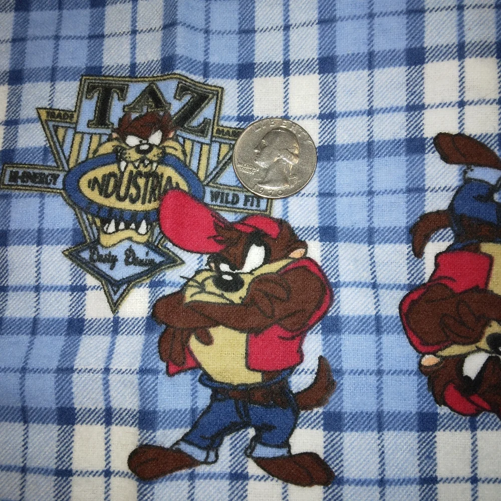 FABRIC Tasmanian Devil On Blue Plaid Flannel, Warner Brothers Licensed, c. 1997